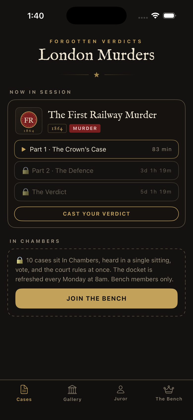 The Forgotten Verdicts app showing the case feed